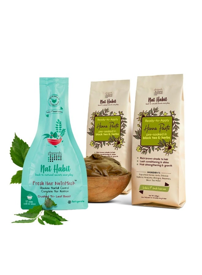 Nat Habit Ready-To-Apply Henna Paste 220*2 & Tri Leaf NutriMask 40g- Hair Mask- The Ideal Combo For Hair Deep Conditioning & Hair Fall With Rich Dark Brown Color - Image 1